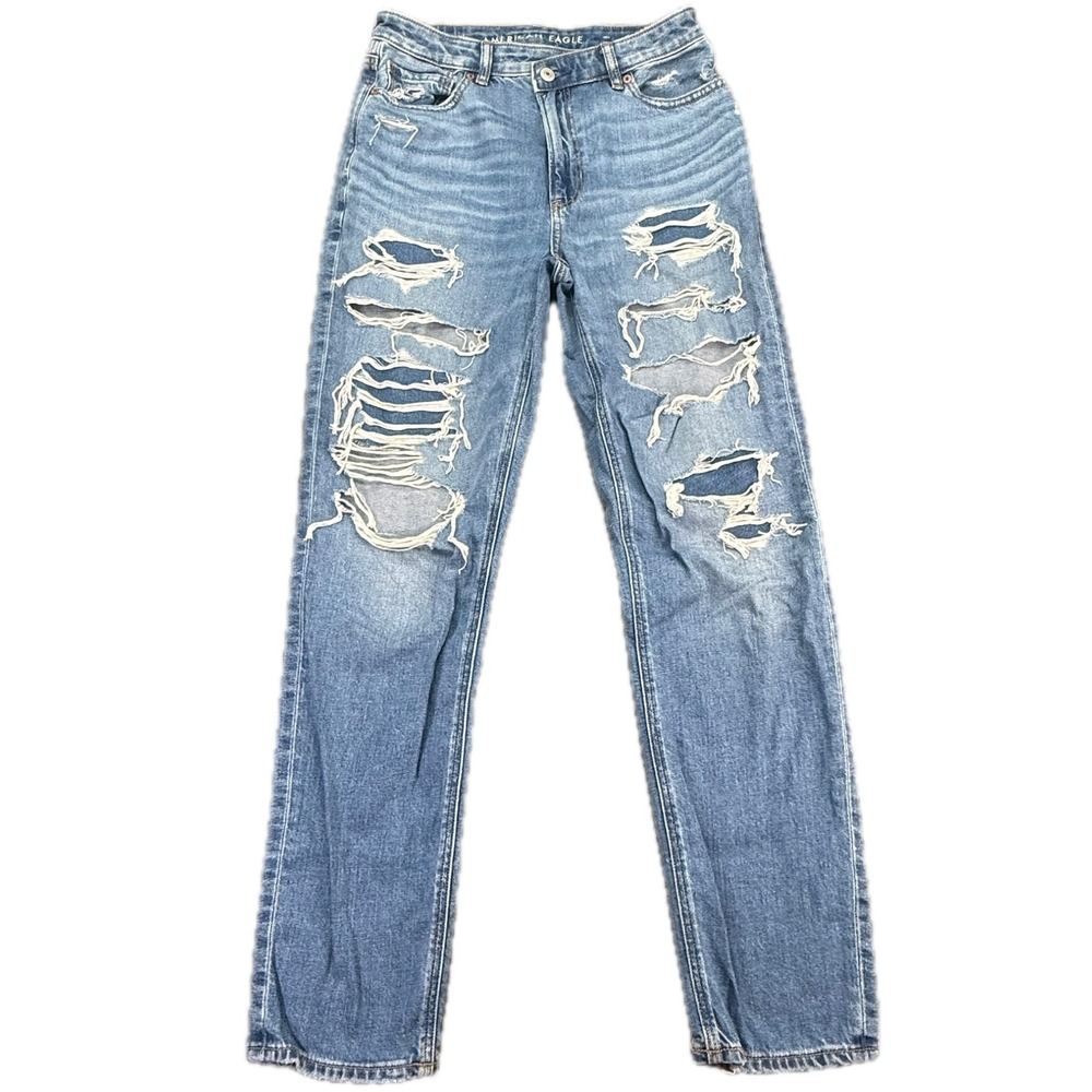 American Eagle Mom Jean Women 6 Long Blue Distressed High Rise Strigid Denim